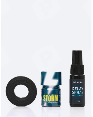 Zestaw Wytrzymałość: Poppers + cockring + spray opóźniający